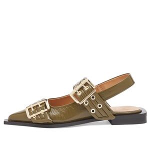 GANNI Feminine Buckle Ballerinas in Military Olive